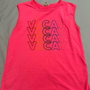 Neon pink tank with word Vacay on the front
